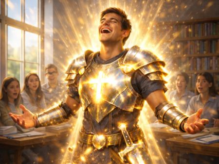 Mann in der Waffenr&uuml;stung steht mit offenen H&auml;nden und einem strahlenden Gesicht da - im Hintergrund sitzen Studierende